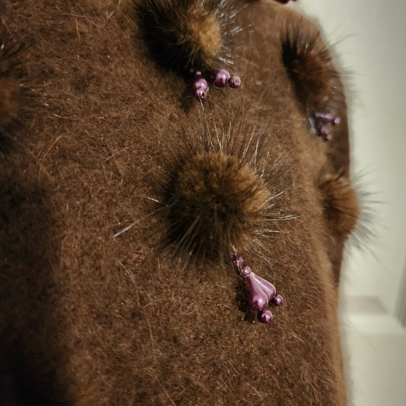 Vintage HF Genuine Fur Detailed Beaded Sweater Brown Soft Unique Balloon Sleeves - Picture 4 of 10